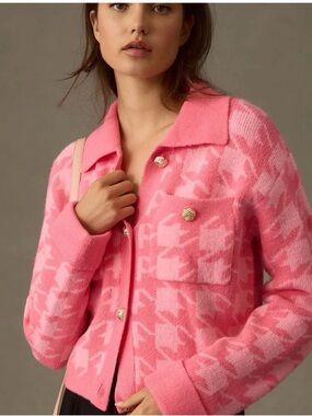 English Factory Cropped Pink Houndstooth Knit Jacket